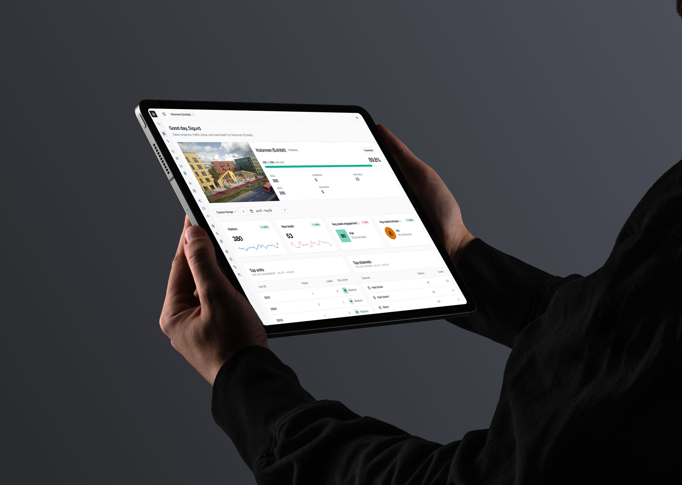The Plyo Console on a tablet — a project's live dashboard: sales progress, demand and lead activity at a glance
